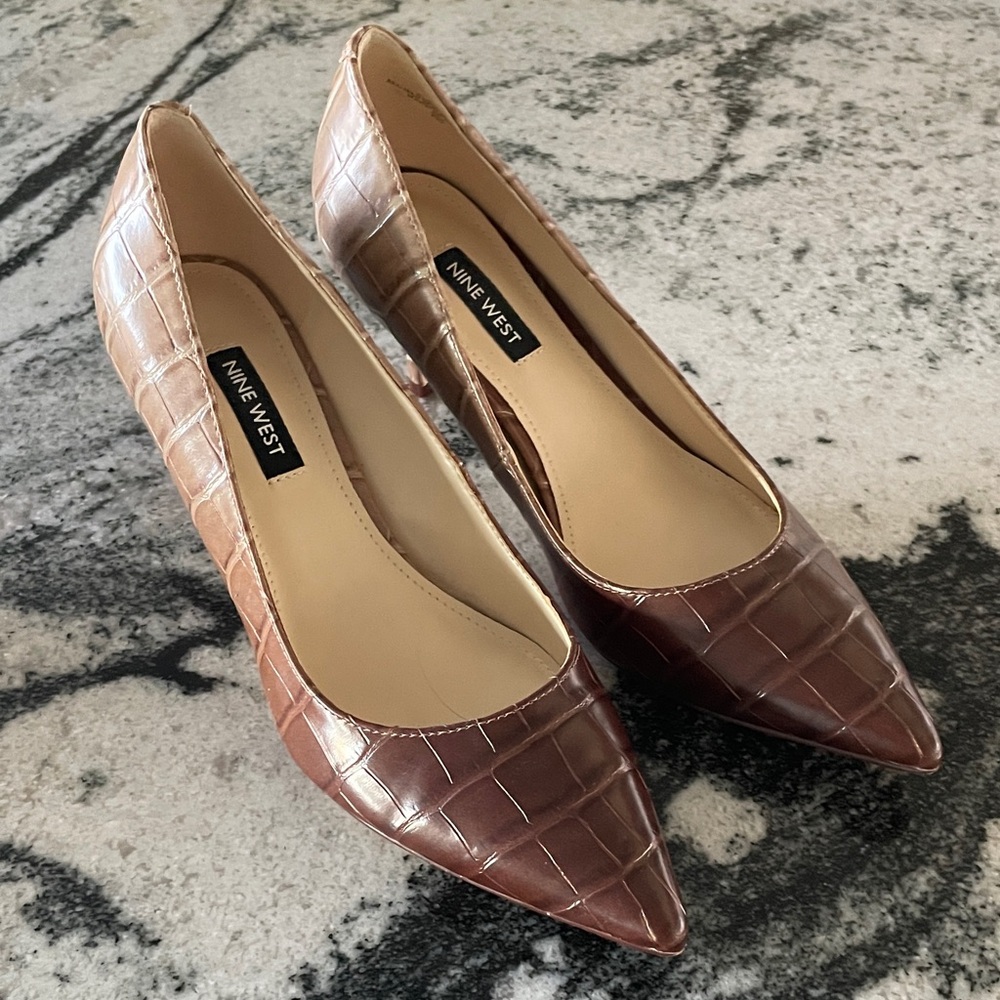 Nine West Croc-Embossed Brown Heels